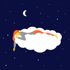 Hermosa chica durmiendo y soñando en las nubes. Concepto de creatividad e imaginación.