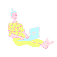 A vector woman at work with a laptop. A freelance worker working while quarantined at home in gentle shades of pink, yellow and turquoise. Design for banners,layouts,web,social networks,advertising.