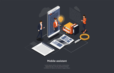 Isometric 3D Mobile Assistant, Online Technical Support 24-7 Concept. Business People Have A Video Conference With The Assistant Giving New Business Ideas And Consultations. 3d Vector Illustration
