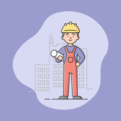 People Different Professions. National Holiday Labor Day. Architect in Uniform With Blueprint. Professional Worker. Self-Confident Man In Work Clothes. Cartoon Linear Outline Flat Vector Illustration