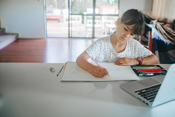 young caucasian girl drawing at home, on-line art calss, home schooling, stay home education