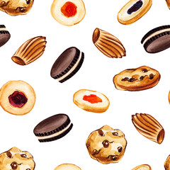 Watercolor hand drawn illustration seamless ramdom print with different kind of cookies isolated on white background.
