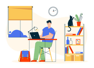 Character work from home. Stay home and safe. Flat vector illustration. Remote work concept
