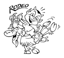 Devil holds goat by the horns and rodeo rides, black and white cartoon