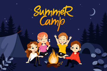 Concept Of Children Summer Camp. Group Of Children During Summer Vacations Hiking. Kids Sit At Campfire And Eat Marshmallow. Beautiful Night Forest Nature Landscape. Cartoon Flat Vector Illustration