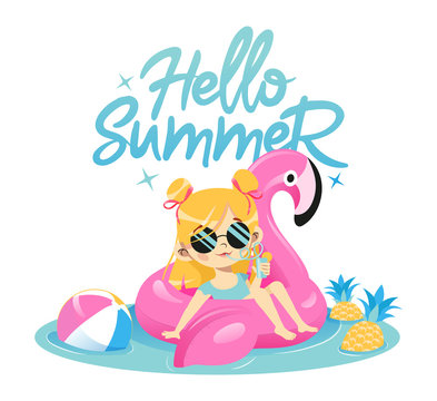 Summer Vacations Concept. Fashion Young Girl Is Swimming In Rubber Pink Flamingo In The Pool Drinking Cocktail. Cute Hipster Female Character In Glamour Sunglasses. Cartoon Flat Vector Illustration