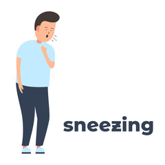 Vector icon of a character sneezing because of the infection. It represents a concept of medical protection, virus symptoms, sneezing as a symptom, health safety and virus quarantine