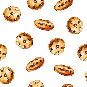 Watercolor hand drawn illustration seamless random print with american cookies with chocolate chips isolated on white background.
