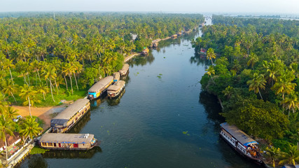 Aerial View of Traditional Indian houseboat near Alleppey on Kerala backwaters