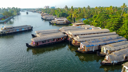 Aerial View of Traditional Indian houseboat near Alleppey on Kerala backwaters