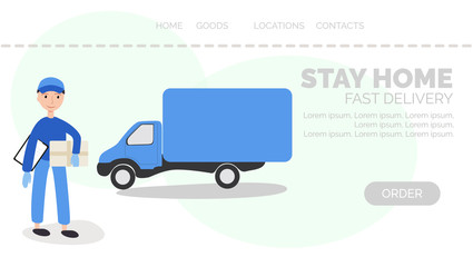 vector illustration. fast home delivery services. Worker in gloves and holds a box. blue car on the background. you can use the graphics for the site