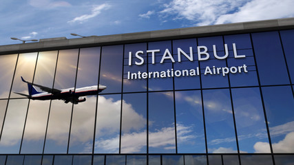 Airplane landing at Istanbul mirrored in terminal