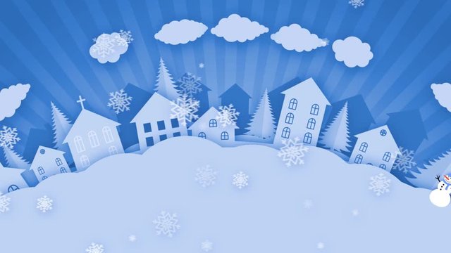 Snowy Christmas Night in a Small Town. Snowflakes Fall. Cartoon. Winter design of paper