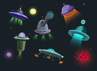 Spaceships set illustration. Flying saucers on black cosmic background with moon and stars. Can be used for topics like space, science, non-fiction © PCH.Vector