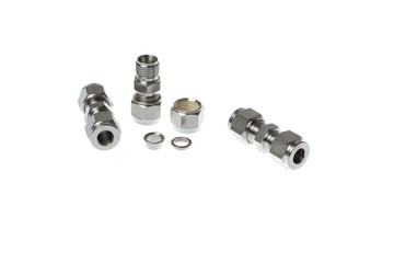 Set of straight steel couplings for metal pipe, isolated on white background