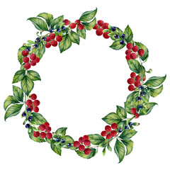 Watercolor illustration  wreath with blueberries and raspberries on an isolated white background. Hand-painted berries ornament.