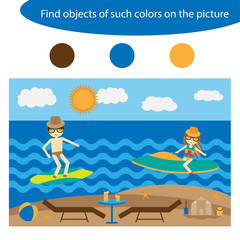 Find objects of same colors, summer game for children in cartoon style, education game for kids, preschool worksheet activity, task for the development of logical thinking, vector illustration