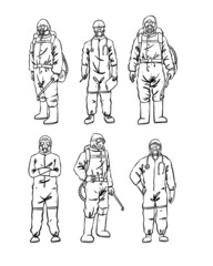 Medical team in personal protective equipment (PPE) to protect against virus outbreak infections (COVID-19, Ebola, and SARS). Isolated hand drawn in thin line style vector illustration