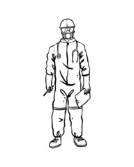 Fototapeta na wymiar Medical team in personal protective equipment (PPE) to protect against virus outbreak infections (COVID-19, Ebola, and SARS). Isolated hand drawn in thin line style vector illustration