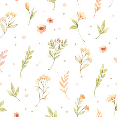 Botanical watercolor seamless pattern. Floral and colorful polka dot background. Cute design of flowers and leaves. Greenery. Perfect for textile, fabric, wrapping paper, linens, wallpaper etc