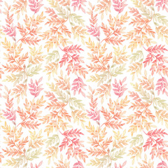 Botanical watercolor seamless pattern. Floral background. Colorful design of orange, red and green leaves. Perfect for textile, fabric, wrapping paper, linens, wallpaper etc