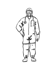 Medical team in personal protective equipment (PPE) to protect against virus outbreak infections (COVID-19, Ebola, and SARS). Isolated hand drawn in thin line style vector illustration
