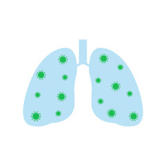Lungs with virus, bacterium, microbes concept isolated on white. Sign caution Coronavirus. 