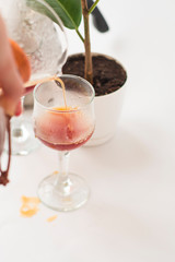 White background, wine glasses and black, strong, morning, fresh coffee in glass container for alternative method preparation.