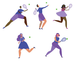 Fototapeta na wymiar Set of tennis players with racket isolated on white background for design as a concept of inclusion and sport, flat vector stock illustration with african american or european young men and women