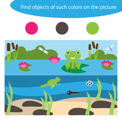 Find objects of same colors, pond life, game for children in cartoon style, education game for kids, preschool worksheet activity, task for the development of logical thinking, vector illustration