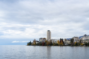 Obraz premium Montreux, a city in Switzerland at the Lake Geneva in autumn. View over the lake.