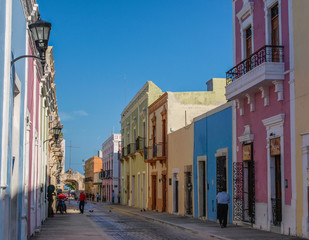 Houses with colorful facades built in colonial architecture are what the city of Campeche, Yucatán, Mexico, is famous for