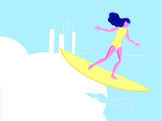 Summer Surfing School for People. Modern web banner for your website Surfing Sport, Woman Riding Sea Wave at Surf Board with place for your text.Website Landing Page, Web Page. Cartoon Flat Vector .