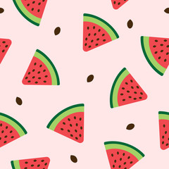 Seamless pattern with watermelon slices and seeds. Cartoon vector illustration. - 335253790