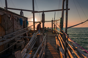 Trabucco, ancient wooden structure of the fishermen of the lower Adriatic Sea in the Gargano in...