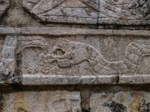 Close-up of mayan symbol of a snake at the ruins of Chichén-Itzá, Yucatan, Mexico, withouth people