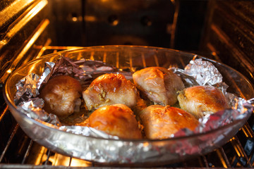 fried chicken at open oven