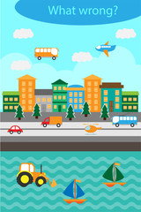 What wrong, find mistakes with transport for children, fun education game for kids, preschool worksheet activity, task for the development of logical thinking, vector illustration