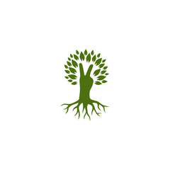 Hand, two fingers up, tree, foliage, vector illustration flat silhouette, green