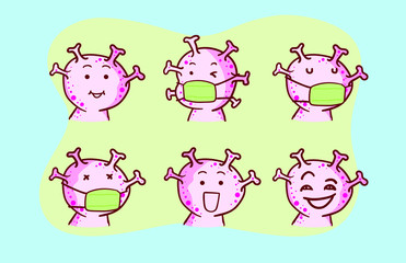 Pink Coronavirus, Flat cartoon character set