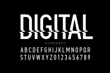 Digital distortion style font, capital letters and numbers