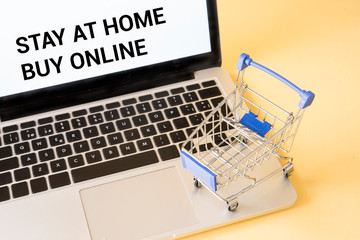 Shopping car with computer concept buy online in quarantine