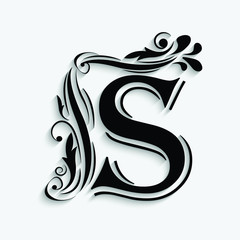 letter S. Black flower alphabet.  Beautiful capital letter with shadow