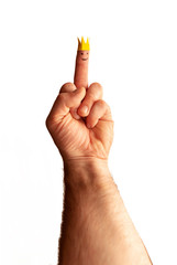 Middle finger with a crown, an offensive gesture on a white background. Concept of the NCOV-19 coronavirus pandemic.