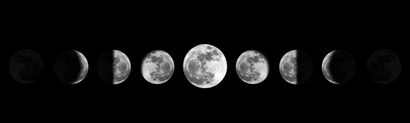 Moon phases night space astronomy and nature moon phases sphere shadow. The whole cycle from new moon to full moon.