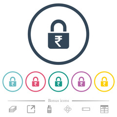 Locked rupees flat color icons in round outlines