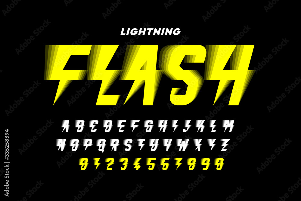 Fototapete lightning flash style font, alphabet letters and numbers