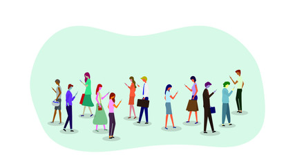 People walking with gadgets. Side view. Flat vector set of different people addiction to networks and spending time in internet.