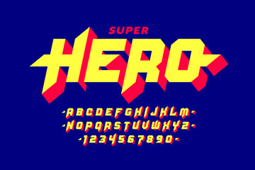 Comics style super hero font, capital alphabet letters and numbers