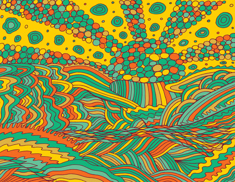 Psychedelic landscape. Colorful psychedelic folk poster. Hippie art. Sea sunset.Sun, ocean, sky and clound. Oceanic waves. Seaside illustration. Doodle yoga flyer design. Vector artwork